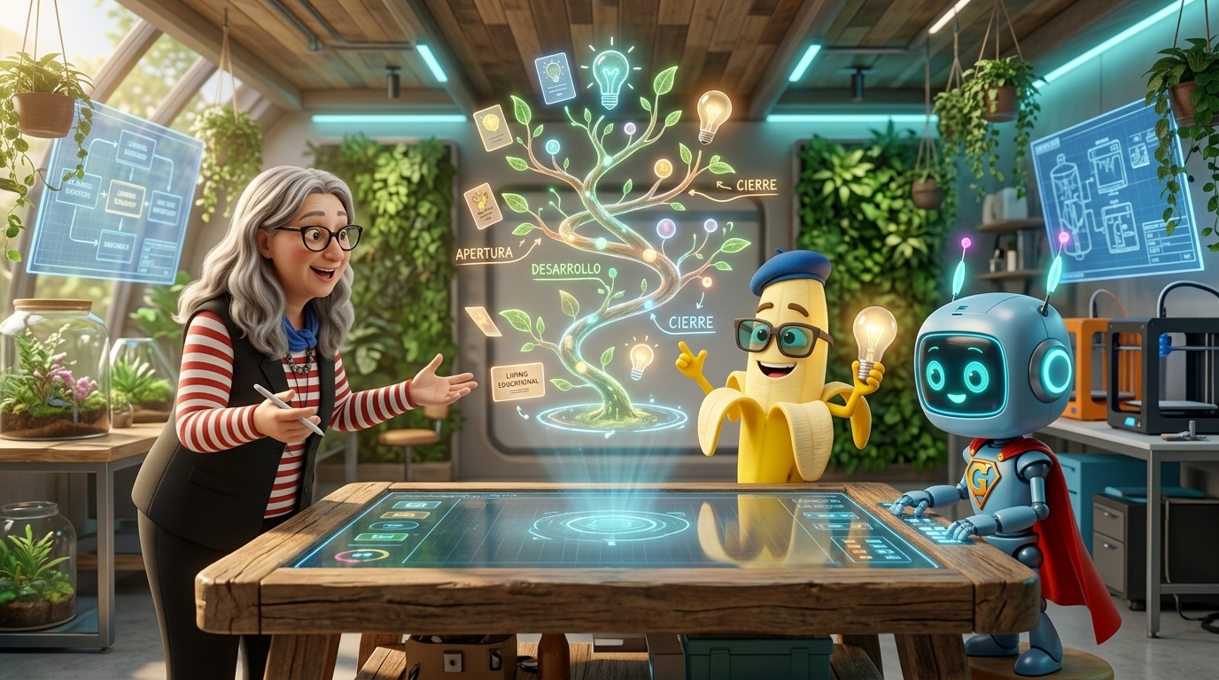 Tina, Nano Banana y Gemi en el Laboratorio Vivo co-creando una secuencia didáctica que florece en la mesa holográfica