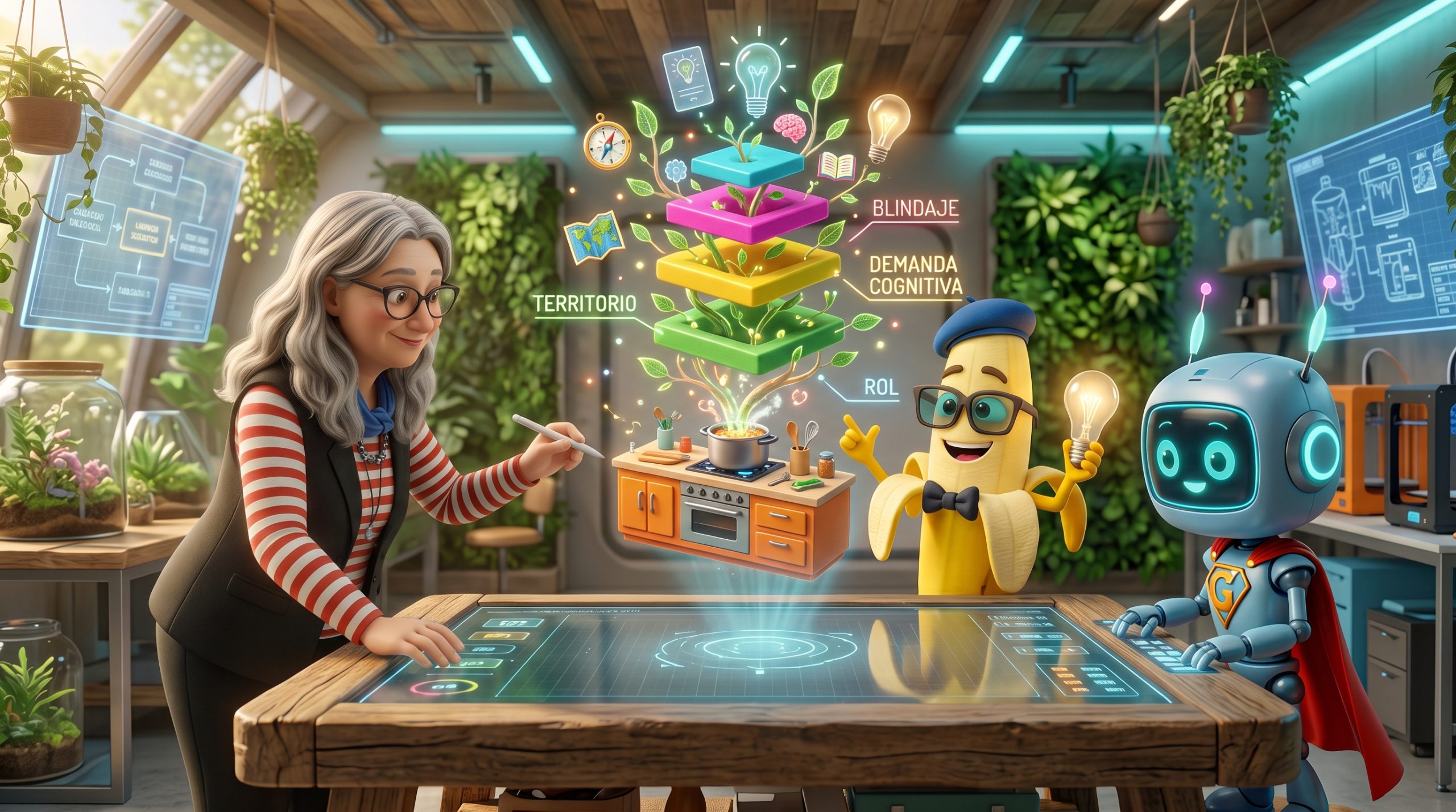 Tina, Nano Banana y Gemi en el Laboratorio Vivo co-creando una secuencia didáctica que florece en la mesa holográfica